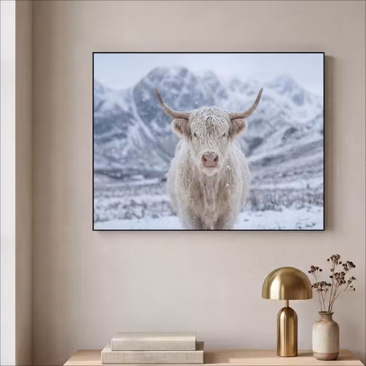 Schotse Hooglander - Sneeuw - Bergen - Winter Textielframe zwart klein -sfeer2