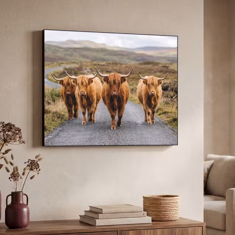 Schotse Hooglanders - Weg - Landschap - Kudde Textielframe zwart klein -sfeer3