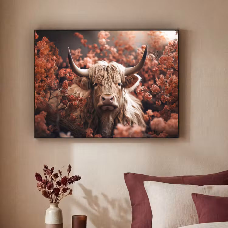 Schotse hooglander - Dier - Natuur - Bloemen - Botanisch Textielframe zwart klein -sfeer1