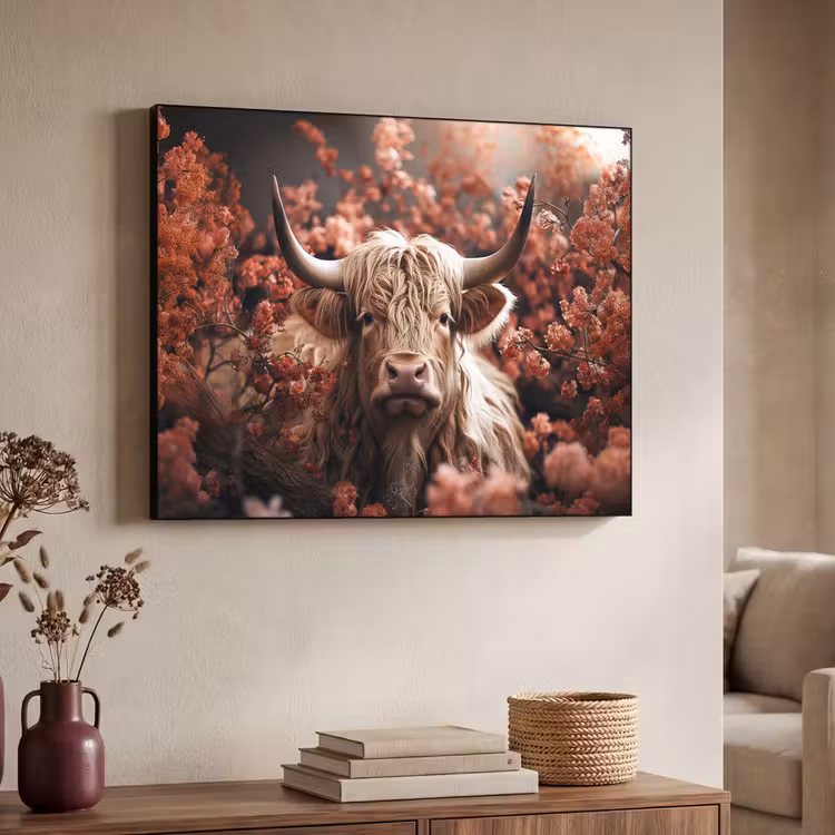 Schotse hooglander - Dier - Natuur - Bloemen - Botanisch Textielframe zwart klein -sfeer3