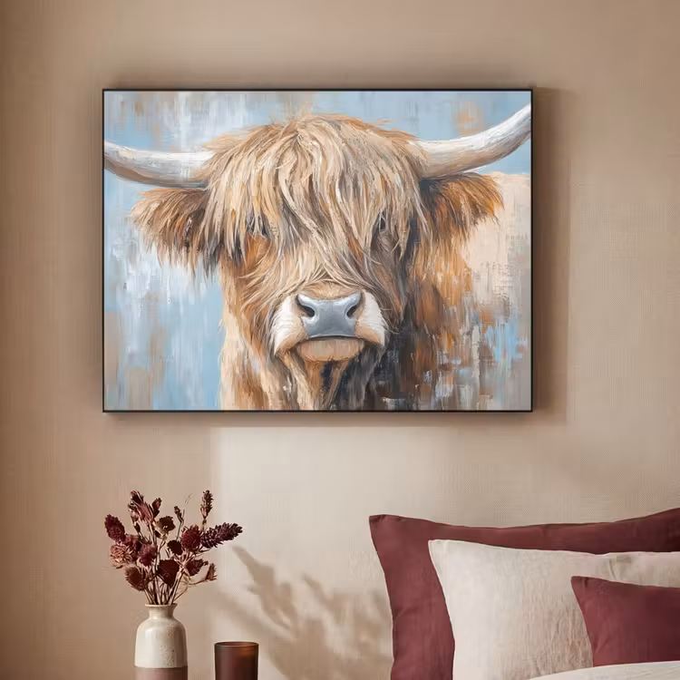 Schotse hooglander - Dieren - Koe - Street art Textielframe zwart klein -sfeer1
