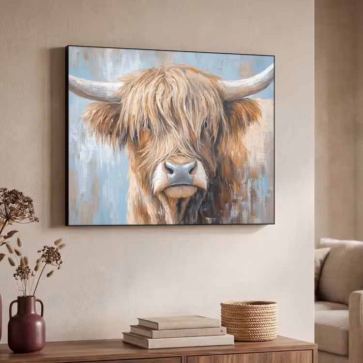 Schotse hooglander - Dieren - Koe - Street art Textielframe - compleet frame klein -sfeer3