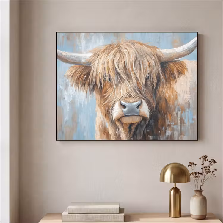 Schotse hooglander - Dieren - Koe - Street art Textielframe zwart klein -sfeer2