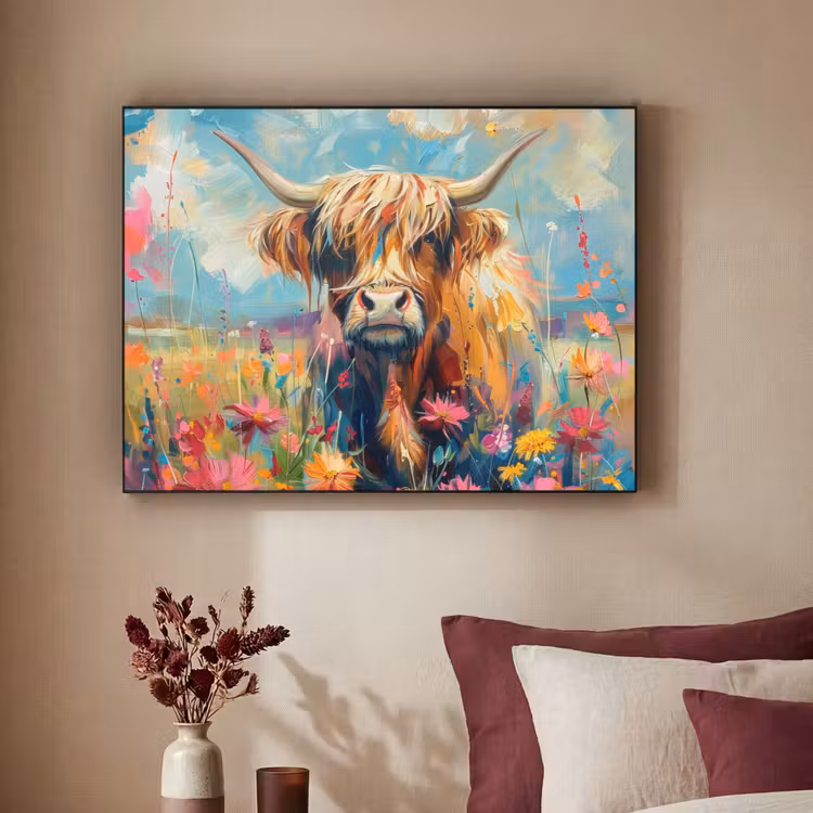 Schotse hooglander - Natuur - Kleurrijk - Bloemen Textielframe zwart klein -sfeer1