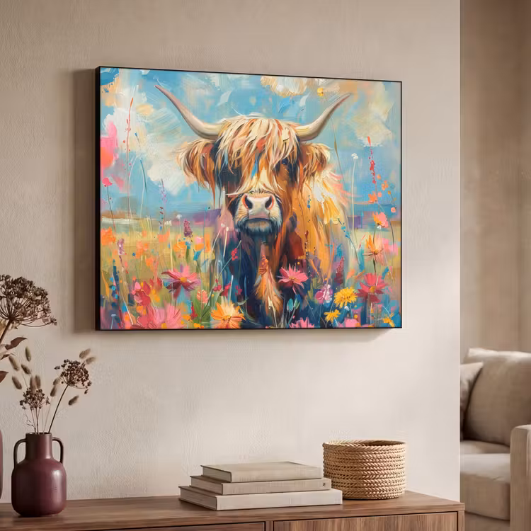 Schotse hooglander - Natuur - Kleurrijk - Bloemen Textielframe zwart klein -sfeer3