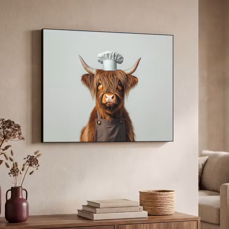 Schotse Hooglander - Bruin - Hoorns - Kokskleding Textielframe zwart klein -sfeer3