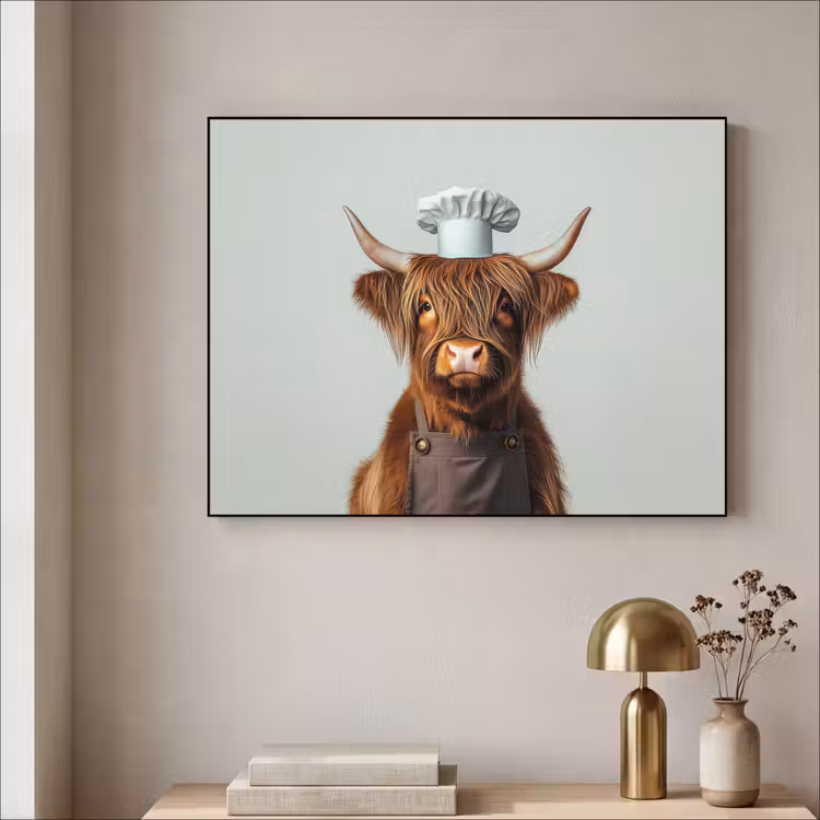 Schotse Hooglander - Bruin - Hoorns - Kokskleding Textielframe - compleet frame klein -sfeer2