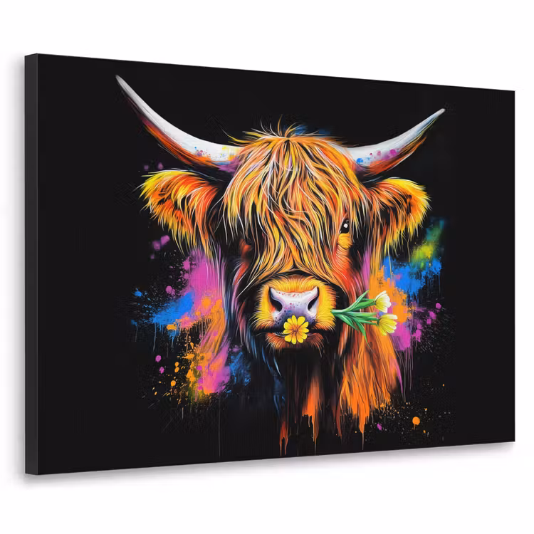Schotse Hooglander - Graffiti - Kleurrijk - Bloem - Dieren Textielframe zwart klein -3d