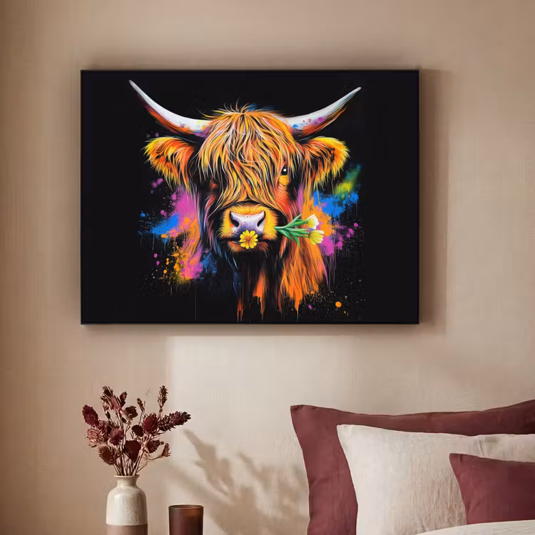 Schotse Hooglander - Graffiti - Kleurrijk - Bloem - Dieren Textielframe - compleet frame klein -sfeer1