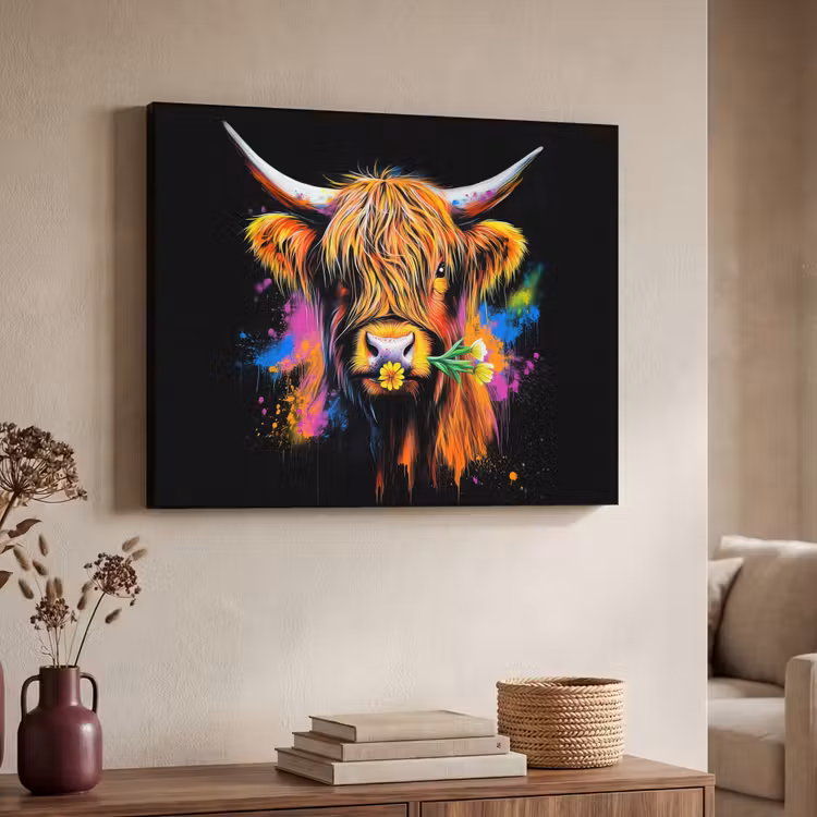 Schotse Hooglander - Graffiti - Kleurrijk - Bloem - Dieren Textielframe - compleet frame klein -sfeer3