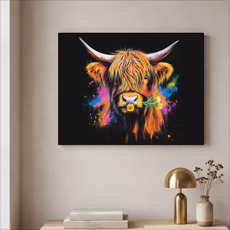 Schotse Hooglander - Graffiti - Kleurrijk - Bloem - Dieren Textielframe - compleet frame klein -sfeer2