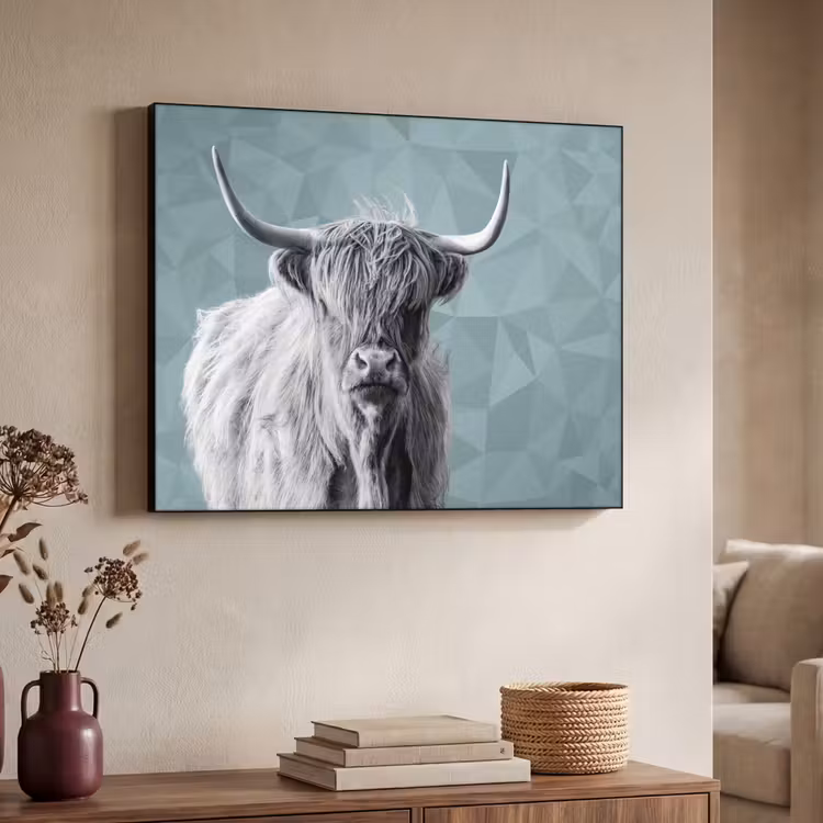 Schotse hooglander - Zwart wit - Patroon - Driehoek Textielframe - compleet frame klein -sfeer3