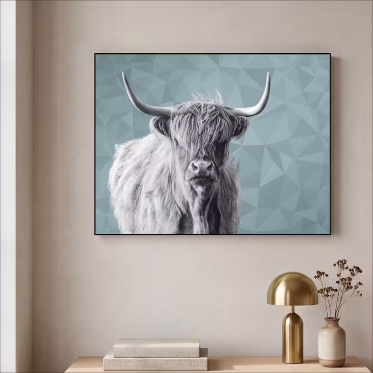 Schotse hooglander - Zwart wit - Patroon - Driehoek Textielframe zwart klein -sfeer2