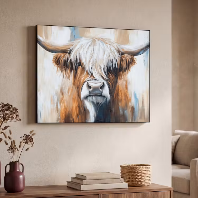 Schotse hooglander - Street art - Vintage - Koe - Dieren Textielframe - compleet frame klein -sfeer3
