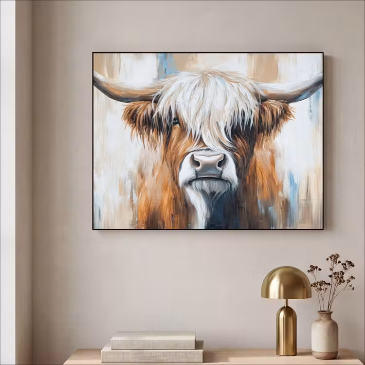 Schotse hooglander - Street art - Vintage - Koe - Dieren Textielframe - compleet frame klein -sfeer2