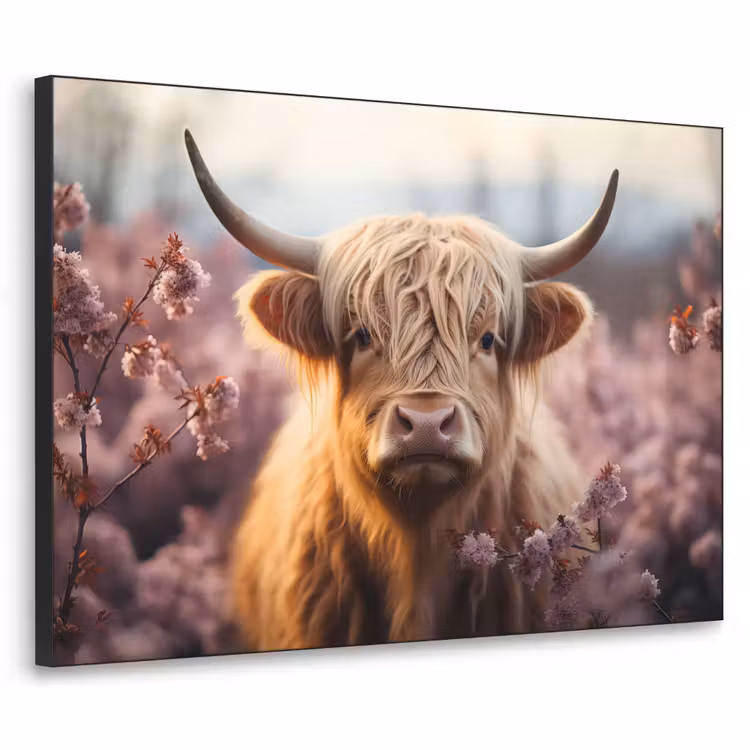 Schotse hooglander - Dieren portret - Bloemen - Dier Textielframe zwart klein -3d