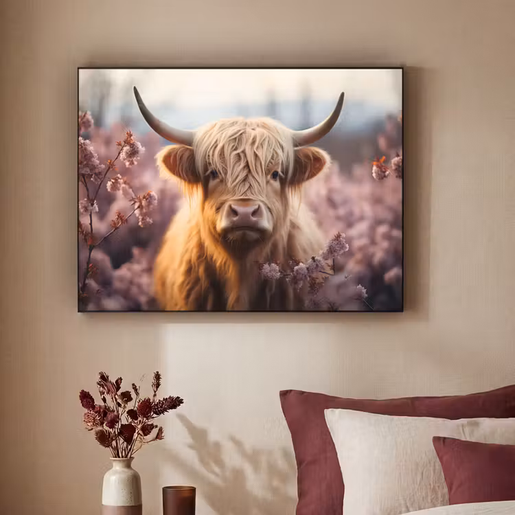 Schotse hooglander - Dieren portret - Bloemen - Dier Textielframe zwart klein -sfeer1