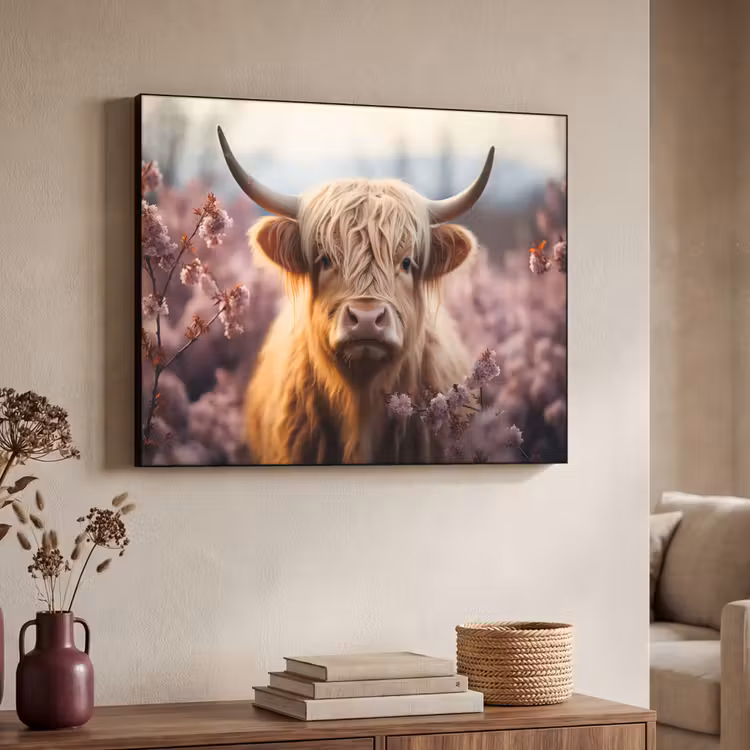 Schotse hooglander - Dieren portret - Bloemen - Dier Textielframe zwart klein -sfeer3
