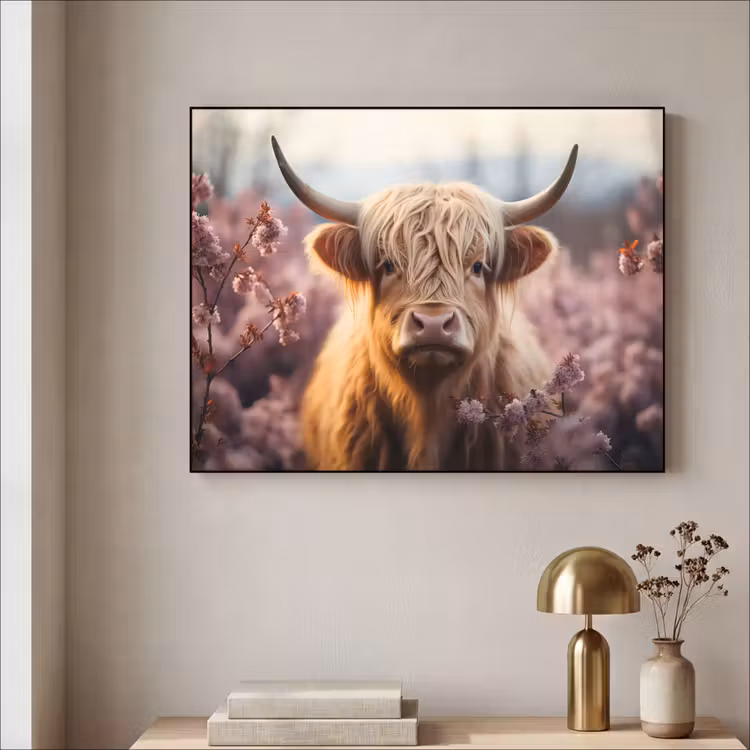 Schotse hooglander - Dieren portret - Bloemen - Dier Textielframe zwart klein -sfeer2