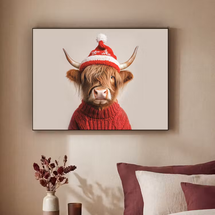 Schotse Hooglander - Kerst - Muts - Trui - Winter Textielframe - compleet frame klein -sfeer1
