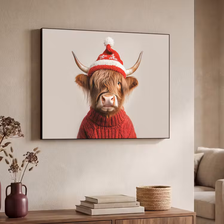 Schotse Hooglander - Kerst - Muts - Trui - Winter Textielframe zwart klein -sfeer3