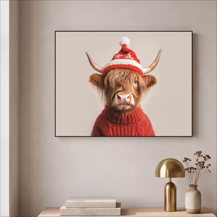 Schotse Hooglander - Kerst - Muts - Trui - Winter Textielframe - compleet frame klein -sfeer2
