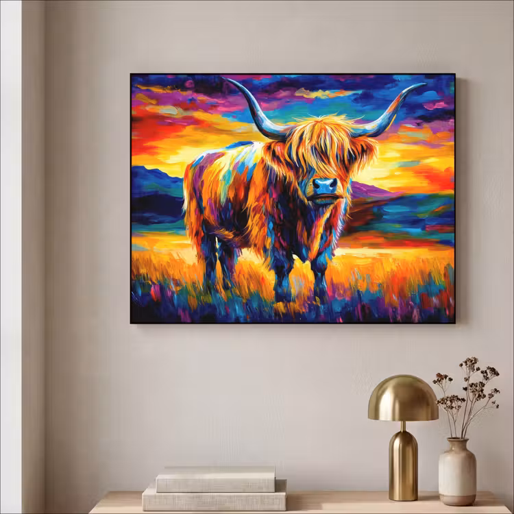 Schotse hooglander - Kunst - Koe - Dieren - Landschap Textielframe zwart klein -sfeer2