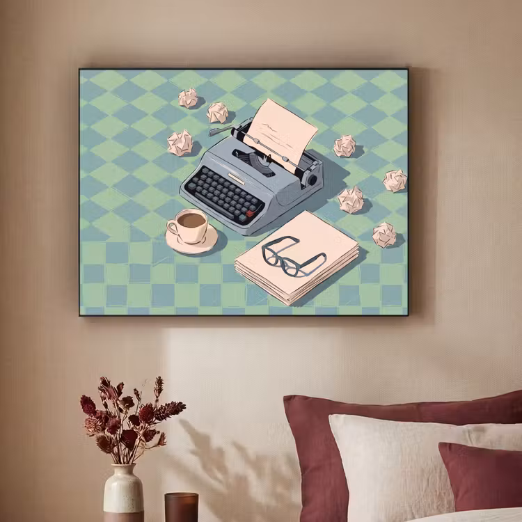 Typemachine - Kantoor - Vintage - Illustratie - Groen Textielframe zwart klein -sfeer1