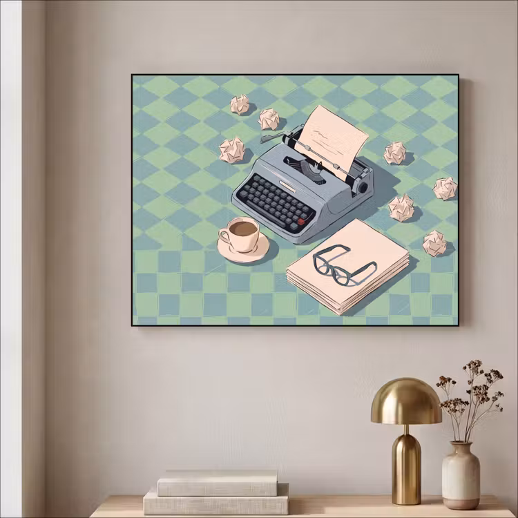 Typemachine - Kantoor - Vintage - Illustratie - Groen Textielframe zwart klein -sfeer2