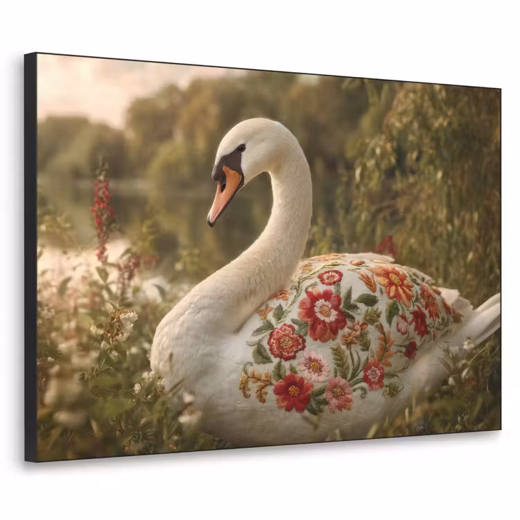 Zwaan - Bloemen - Natuur Textielframe zwart klein -3d