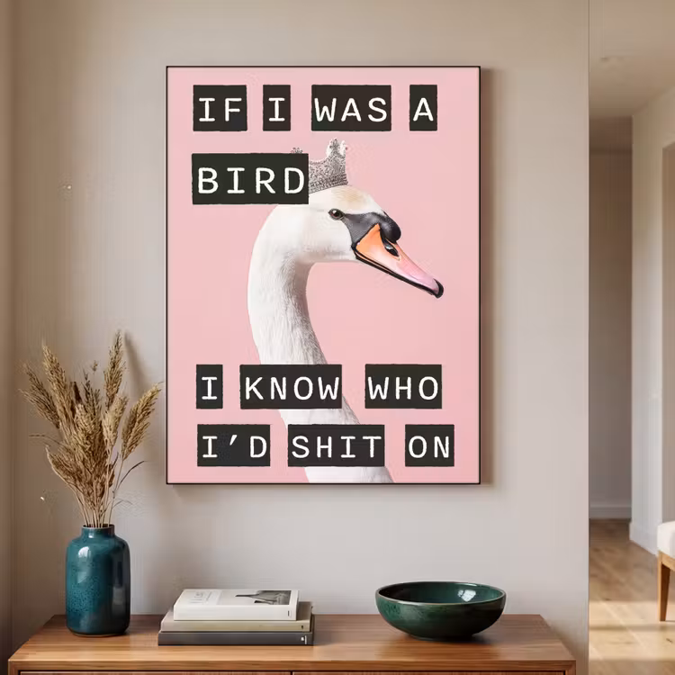 Zwaan - Vogel - Decoratie - Roze Textielframe zwart klein -sfeer1