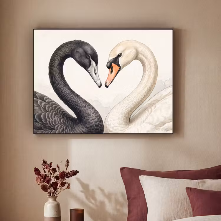 Zwanen - Hartvorm - Dieren Textielframe zwart klein -sfeer1