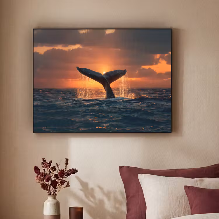 Walvis staart - Water - Zonsondergang Textielframe zwart klein -sfeer1