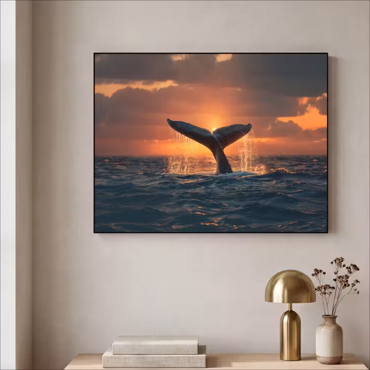 Walvis staart - Water - Zonsondergang Textielframe - compleet frame klein -sfeer2