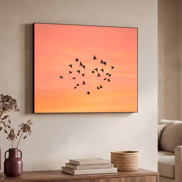 Zwerm - Vogels - Oranje Textielframe zwart klein -sfeer3