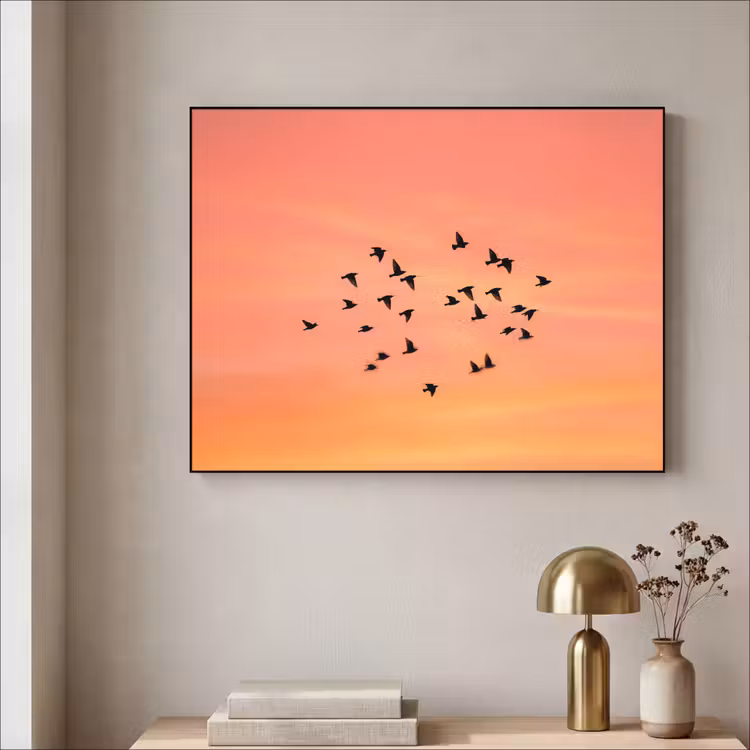 Zwerm - Vogels - Oranje Textielframe zwart klein -sfeer2