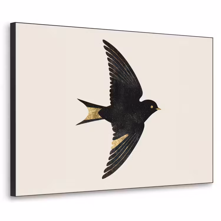 Zwarte zwaluw - Gouden accenten - Lichte achtergrond Textielframe - compleet frame klein -3d