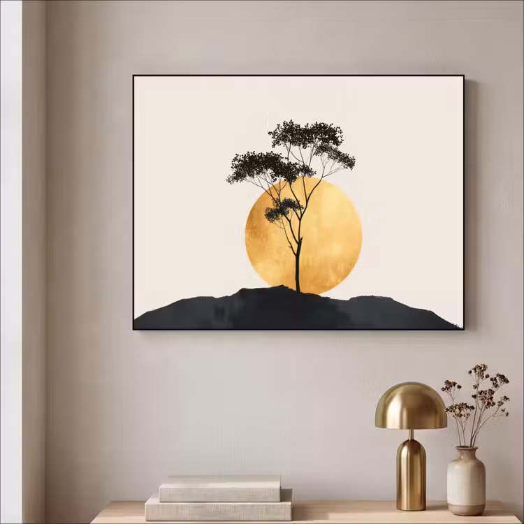 Zwarte boom - Gouden cirkel - Heuvel Textielframe - compleet frame klein -sfeer2