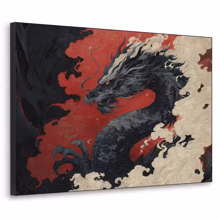 Zwarte draak - Rookwolken - Rood Textielframe - compleet frame klein -3d