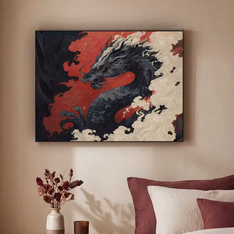 Zwarte draak - Rookwolken - Rood Textielframe zwart klein -sfeer1