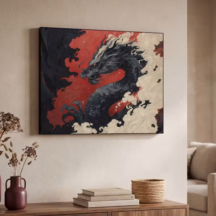 Zwarte draak - Rookwolken - Rood Textielframe - compleet frame klein -sfeer3