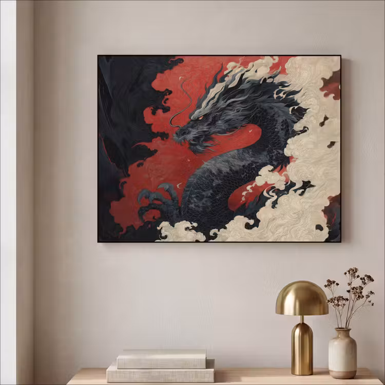 Zwarte draak - Rookwolken - Rood Textielframe zwart klein -sfeer2