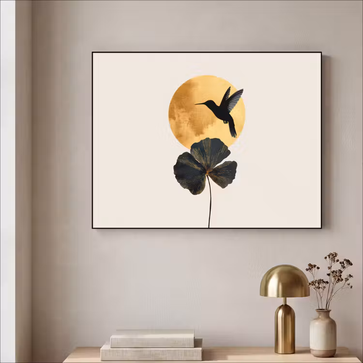 Zwarte kolibrie - Bloem - Gouden cirkel Textielframe zwart klein -sfeer2