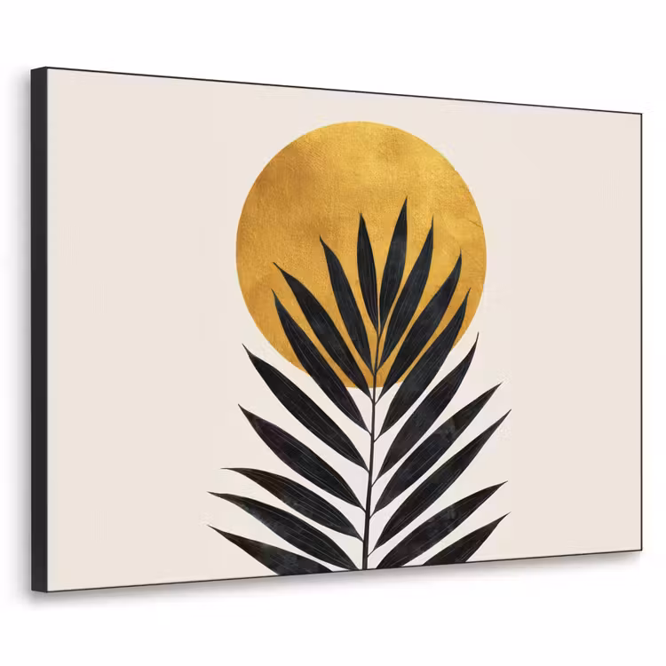 Zwart palmblad - Gouden cirkel - Beige achtergrond Textielframe zwart klein -3d