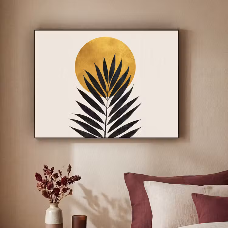 Zwart palmblad - Gouden cirkel - Beige achtergrond Textielframe zwart klein -sfeer1