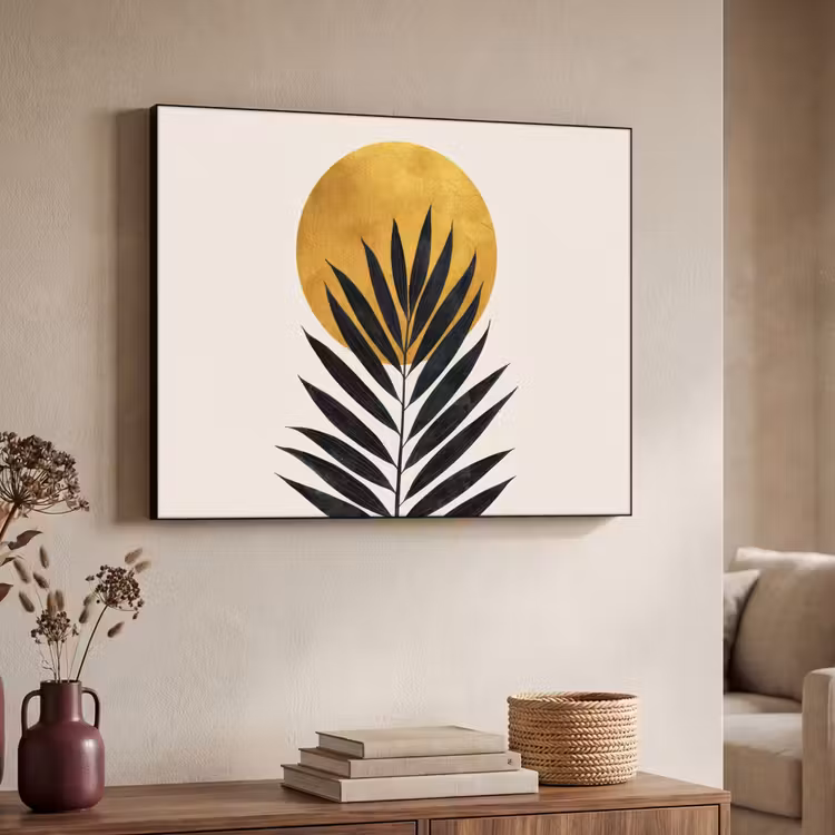 Zwart palmblad - Gouden cirkel - Beige achtergrond Textielframe zwart klein -sfeer3