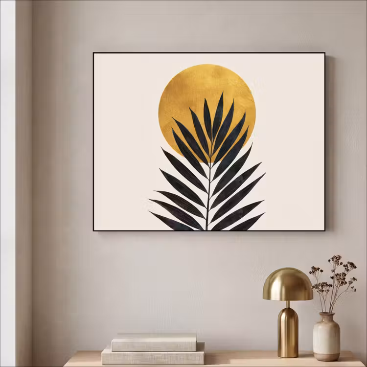 Zwart palmblad - Gouden cirkel - Beige achtergrond Textielframe zwart klein -sfeer2