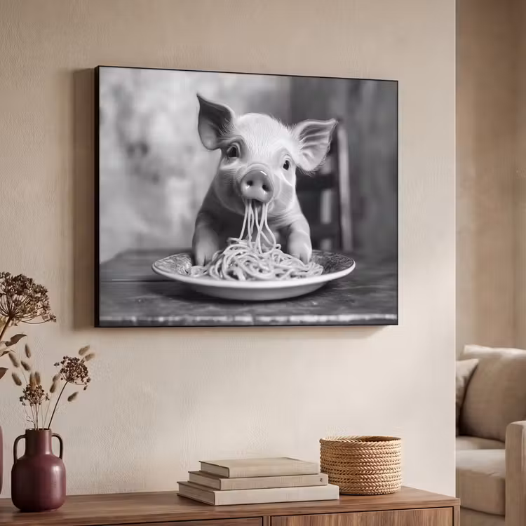 Varken - Schattig - Spaghetti - Zwart wit - Dier Textielframe zwart klein -sfeer3