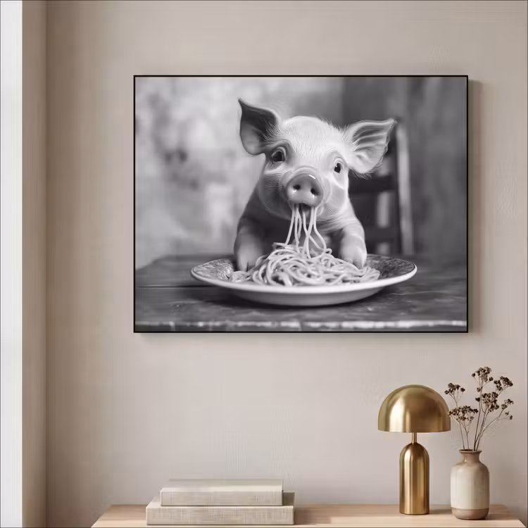 Varken - Schattig - Spaghetti - Zwart wit - Dier Textielframe - compleet frame klein -sfeer2