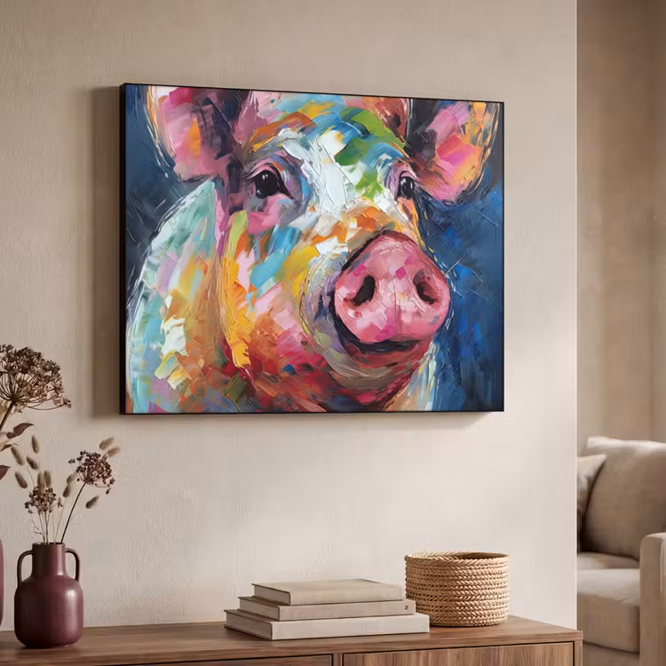 Varken - Olieverf - Dieren - Kunst Textielframe zwart klein -sfeer3